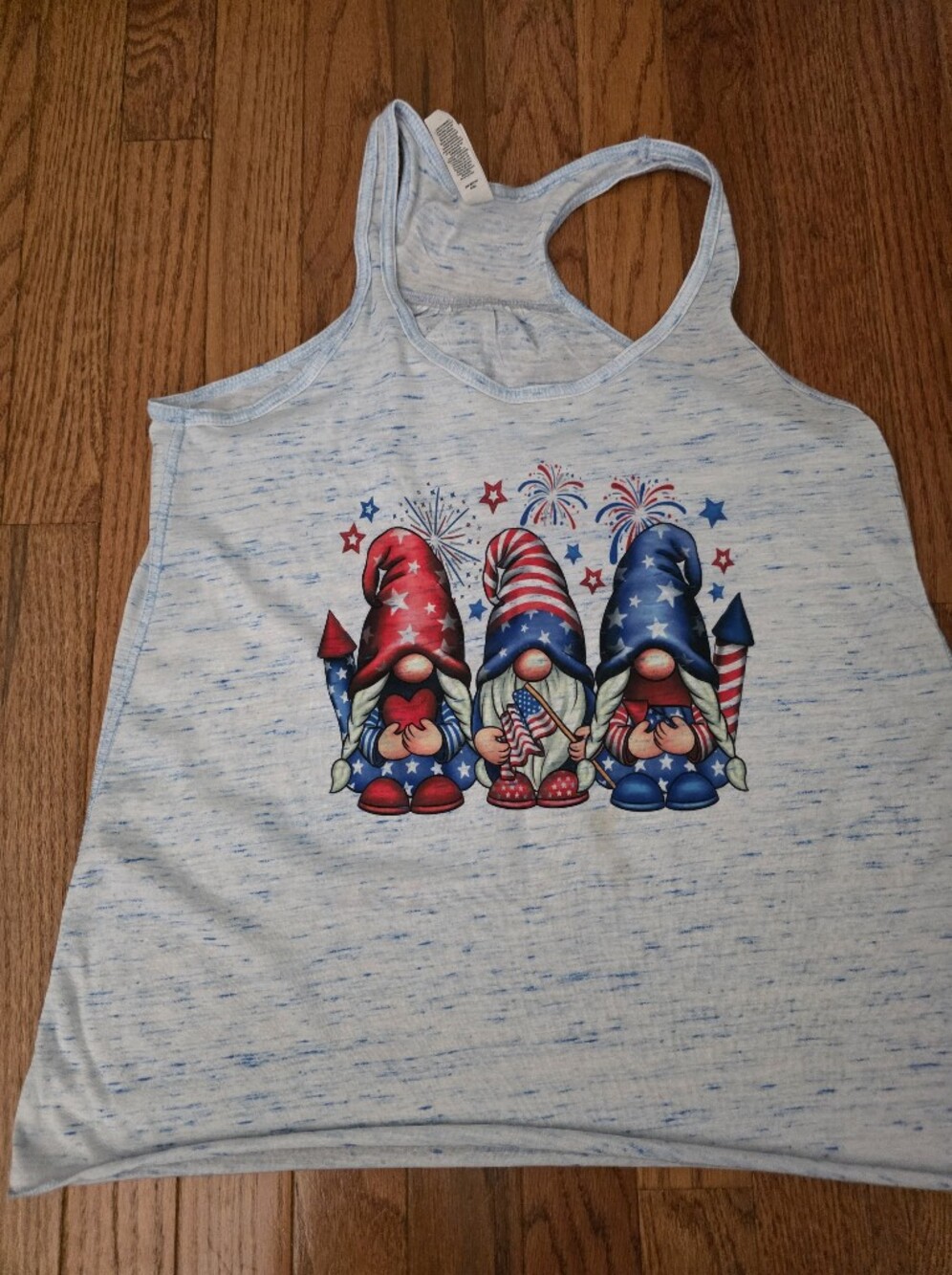 Womens Light Blue Sleeveless Tank Top with Patriotic Gnome Print